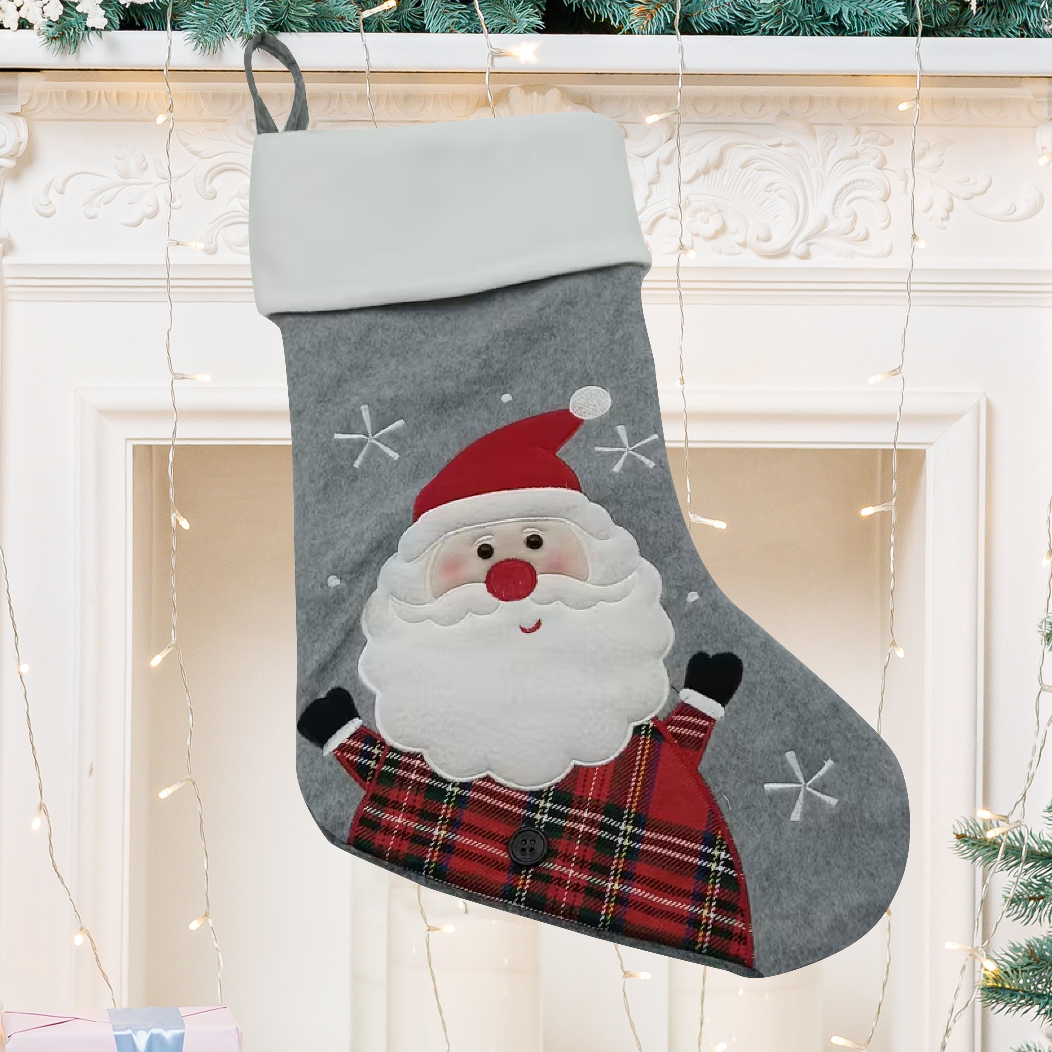Personalised Classic Christmas Stocking with Santa, Grey