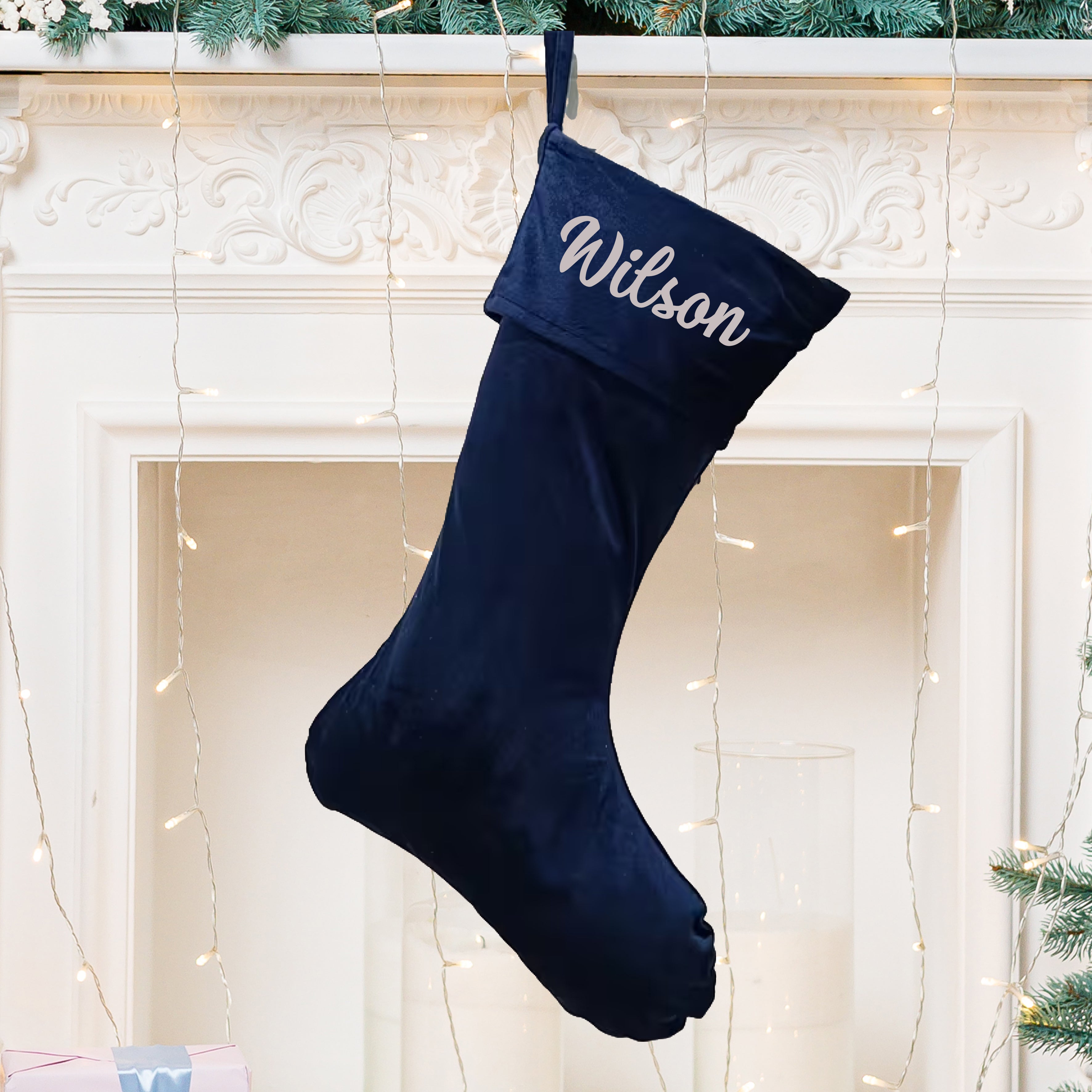 Personalised Christmas Stocking, Blue Velvet