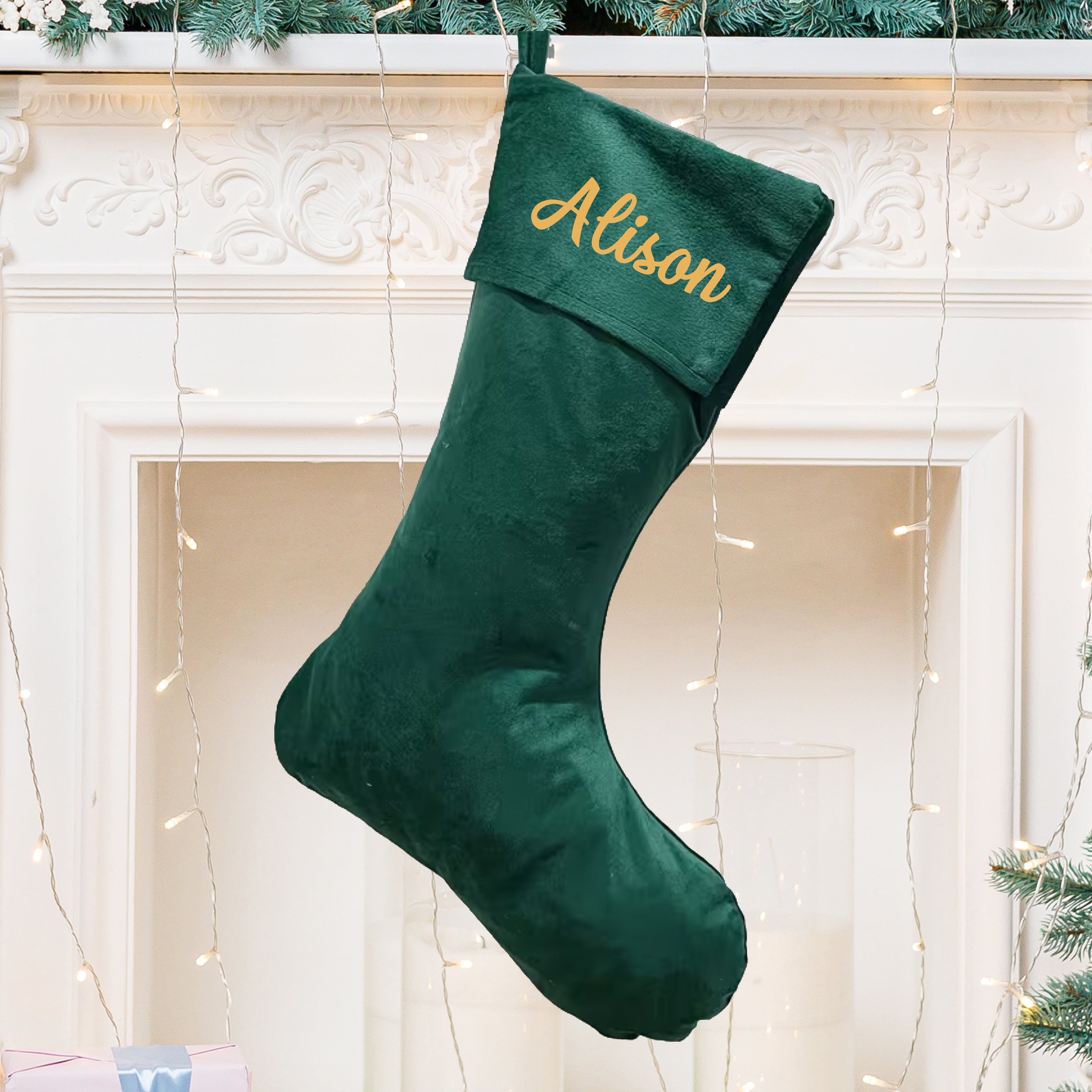 Personalised Christmas Stocking, Green Velvet