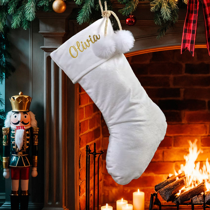 Personalised Christmas Stocking, White Velvet with Hanging