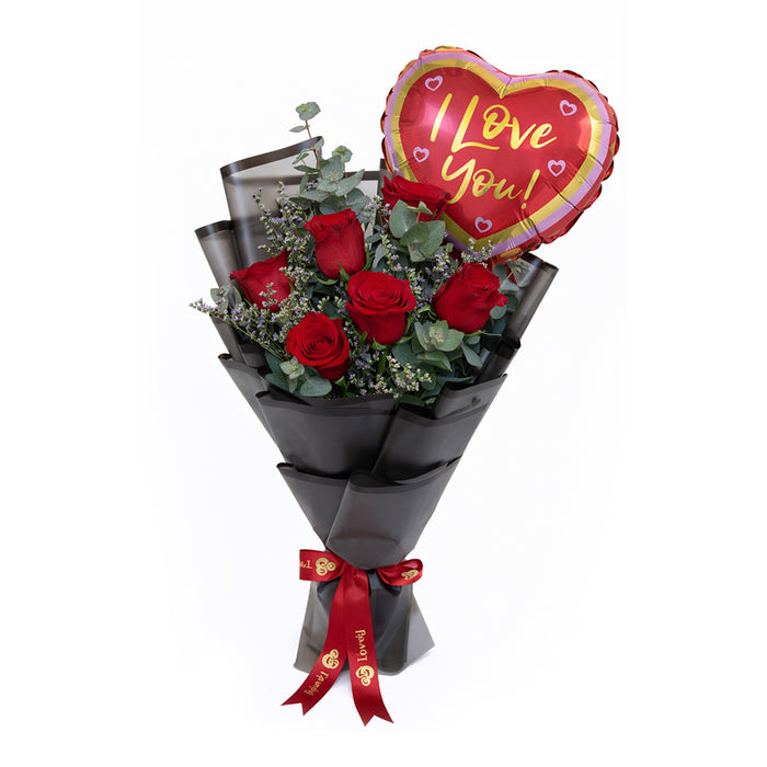 6 Red Roses +  I Love You Balloon