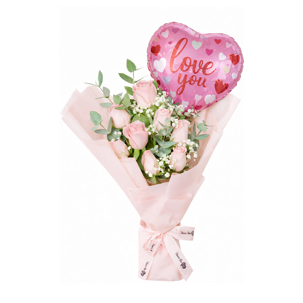 6 Pink Roses +  I Love You Balloon