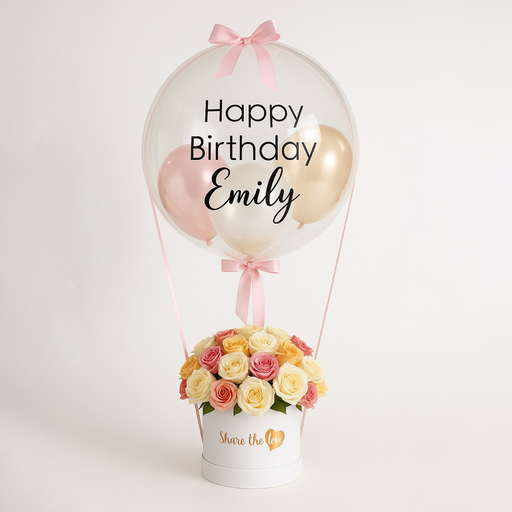 Pastel Harmony Rose Floral Box With Personalised Hot Air Balloon