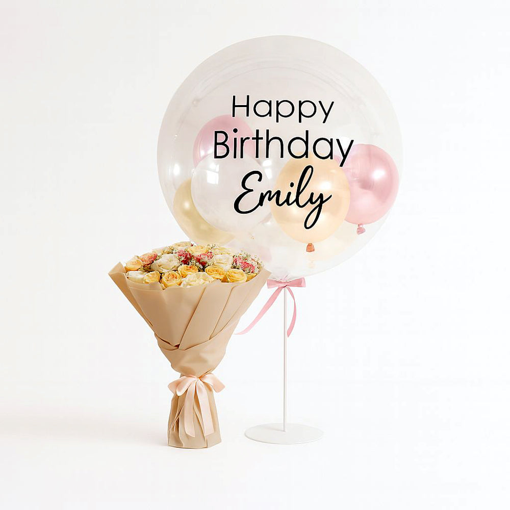 Pastel Harmony Rose Bouquet With Personalised Balloon On Stand