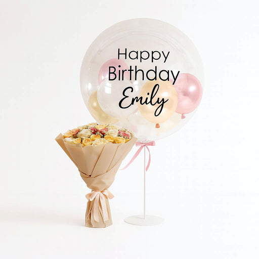 Pastel Harmony Rose Bouquet With Personalised Balloon On Stand