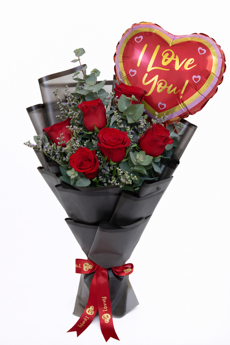 6 Red Roses +  I Love You Balloon