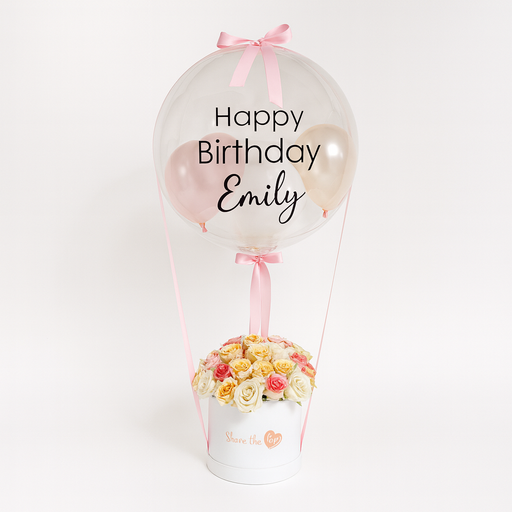 Pastel Harmony Rose Floral Box With Personalised Hot Air Balloon