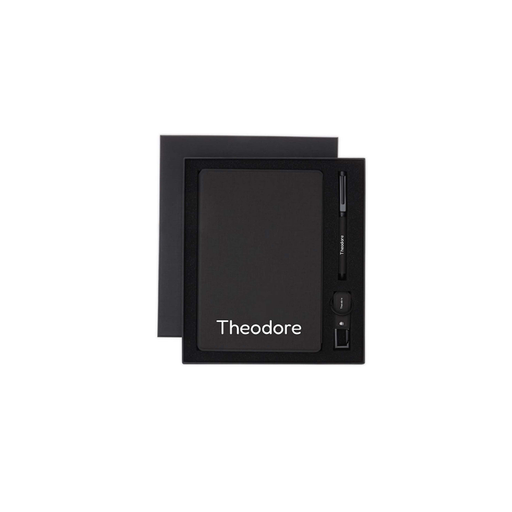 Personalised Sustainable Gift Set with Refillable Notebook, Pen & USB Keychain - Black