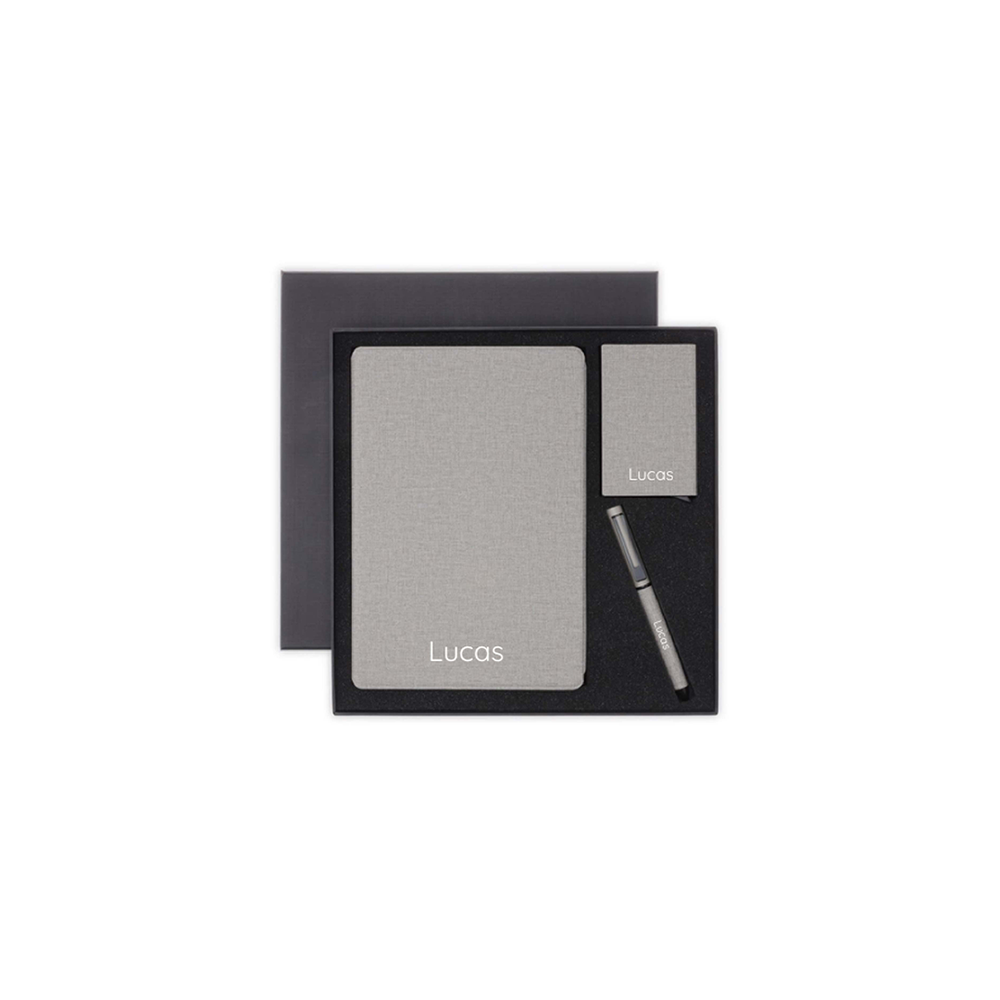 Personalised Sustainable Gift Set with Refillable Notebook, Pen & Cardholder - Grey