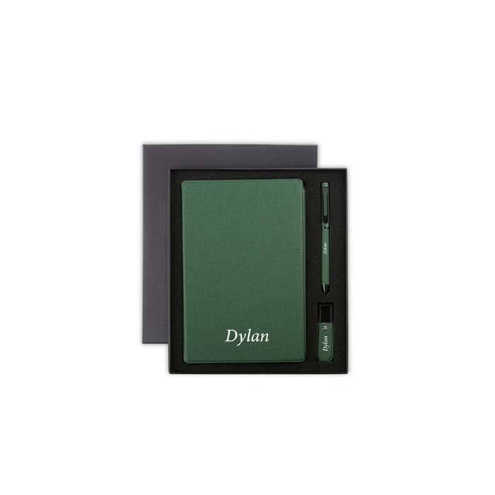 Personalised Sustainable Gift Set with Refillable Notebook, Pen & USB Keychain - Green