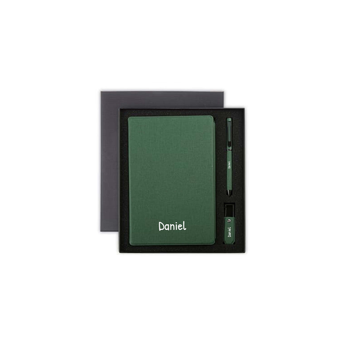 Personalised Sustainable Gift Set with Refillable Notebook, Pen & USB Keychain - Green