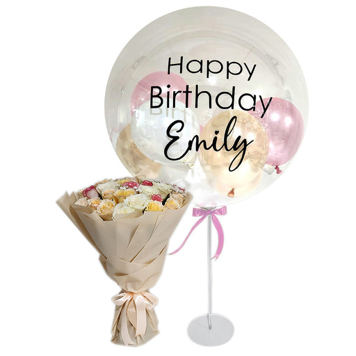 Pastel Harmony Rose Bouquet With Personalised Balloon On Stand