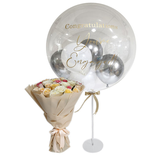 Pastel Harmony Rose Bouquet With Personalised Balloon On Stand