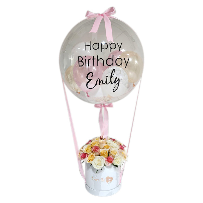Pastel Harmony Rose Floral Box With Personalised Hot Air Balloon