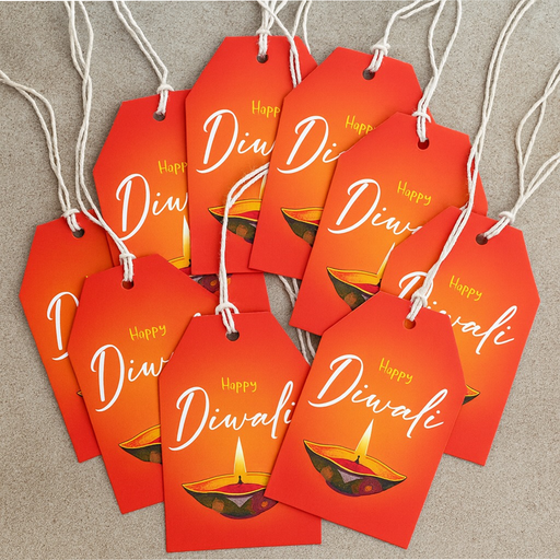 Happy Diwali Gift Tags – Pack of 10, Red with Diya Design & String – Premium Festive Gift Labels for Bags, Boxes & Wrapping