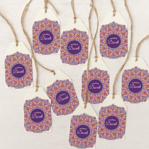 Happy Diwali Gift Tags – Pack of 10, Mandala Design on Cream Card with Strings – Elegant Festive Gift Labels for Wrapping, Bags & Hampers