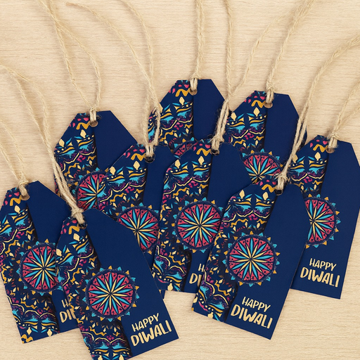 Happy Diwali Gift Tags – Pack of 10, Navy Blue Mandala Design with Gold Text & Strings – Luxury Festive Gift Labels for Wrapping, Bags & Hampers