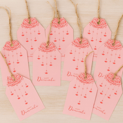Happy Diwali Gift Tags – Pack of 10, Pink Hanging Diya Design with Gold Eyelet & Strings – Elegant Festive Gift Labels for Bags, Boxes & Wrapping