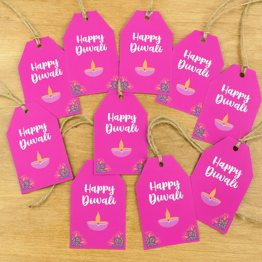 Happy Diwali Gift Tags – Pack of 10, Bright Pink Diya Design with Gold Eyelet & Strings – Festive Gift Labels for Bags, Boxes & Wrapping