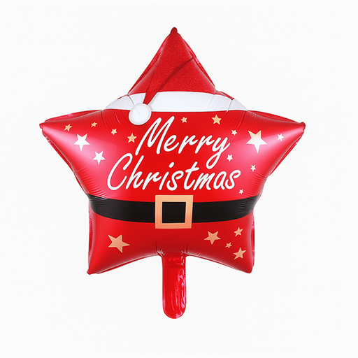 Star Shape Merry Christmas Foil Balloon - Red Color and Santa Print Design