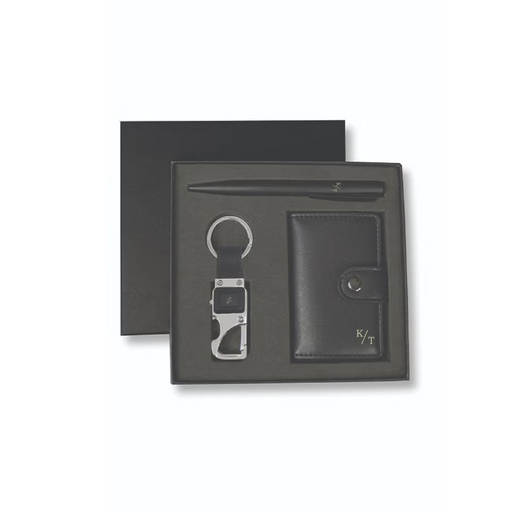Personalised REINE - Set of RFID Card Holder, Key Chain and Pen - Black