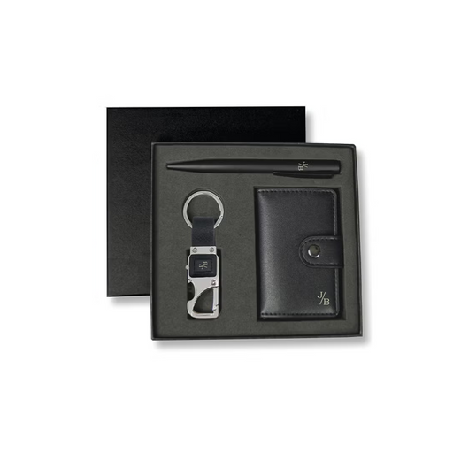 Personalised REINE - Set of RFID Card Holder, Key Chain and Pen - Black