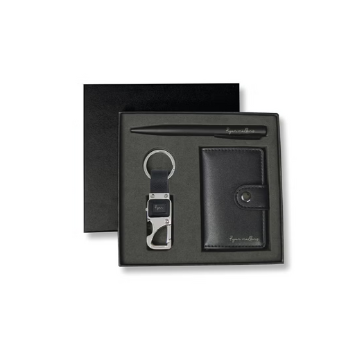 Personalised REINE - Set of RFID Card Holder, Key Chain and Pen - Black