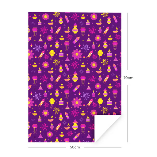 Diwali Gift Wrapping Paper Pack – 4 Sheets (50 × 70 cm Each), Premium Purple Festive Design with Diyas, Lanterns & Fireworks – Ideal for Diwali, Weddings & Celebrations