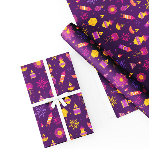 Diwali Gift Wrapping Paper Pack – 4 Sheets (50 × 70 cm Each), Premium Purple Festive Design with Diyas, Lanterns & Fireworks – Ideal for Diwali, Weddings & Celebrations