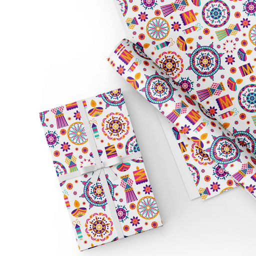 Diwali Gift Wrapping Paper Pack – 4 Sheets (50 × 70 cm Each), Colorful Mandala & Lantern Design on White – Premium Festive Wrapping Paper for Diwali, Weddings & Special Occasions