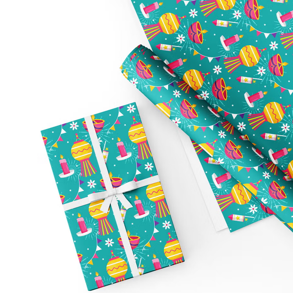 Diwali Gift Wrapping Paper Pack – 4 Sheets (50 × 70 cm Each), Teal Festive Design with Diyas, Candles & Lanterns – Premium Wrapping Paper for Diwali, Birthdays & Celebrations