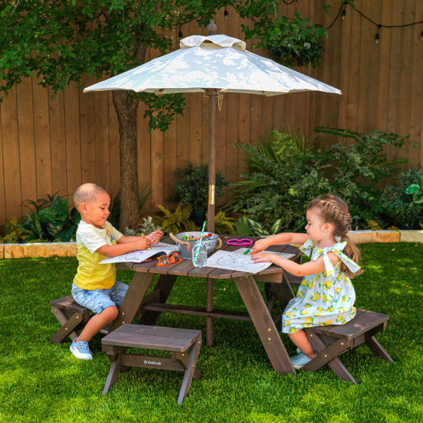 Octagon Table , Stools & Umbrella Set- Bear Brown & Beige