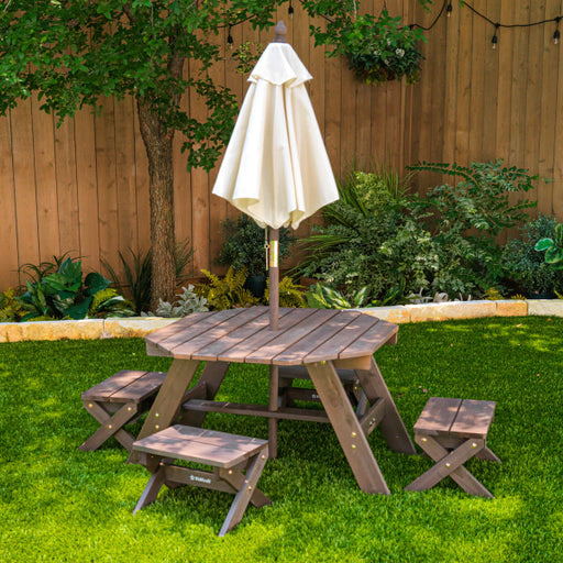 Octagon Table , Stools & Umbrella Set- Bear Brown & Beige