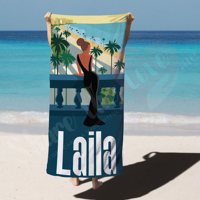 Personalised Towel - Lady on Beach with name