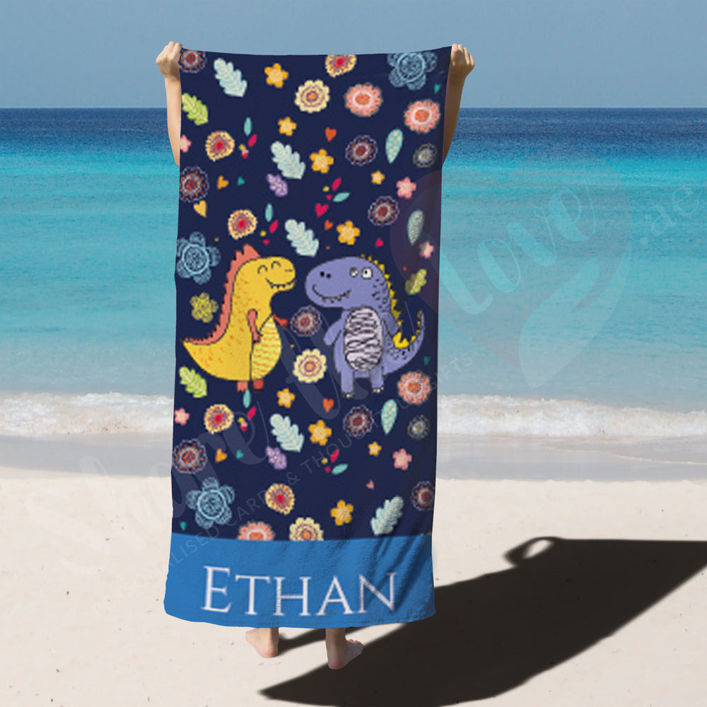 Personalised Towel Kids - Dinosaur Cartoon with Name - 1