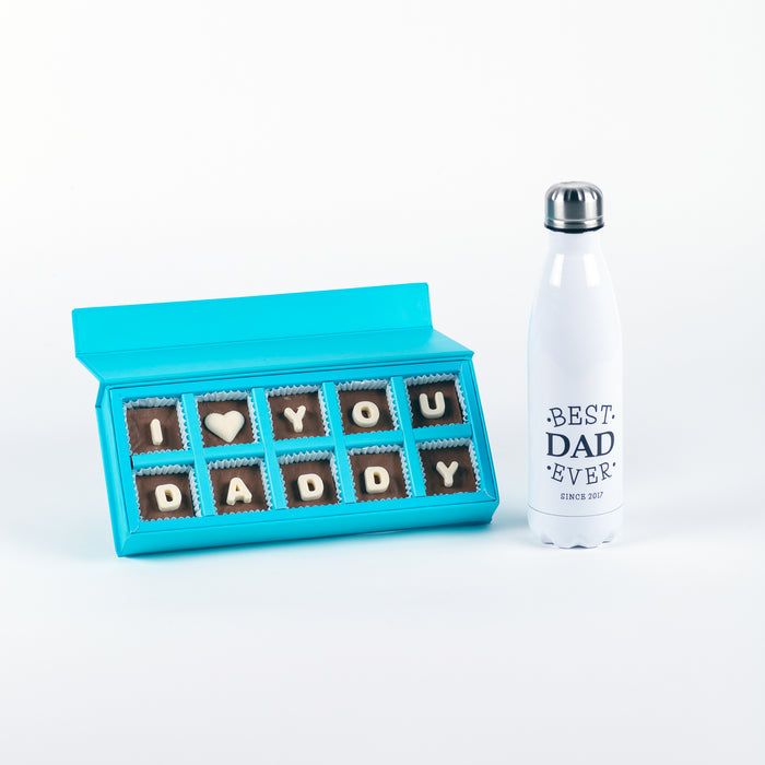 Father's Day Personalised Designer Water Bottle & Chocolate Set