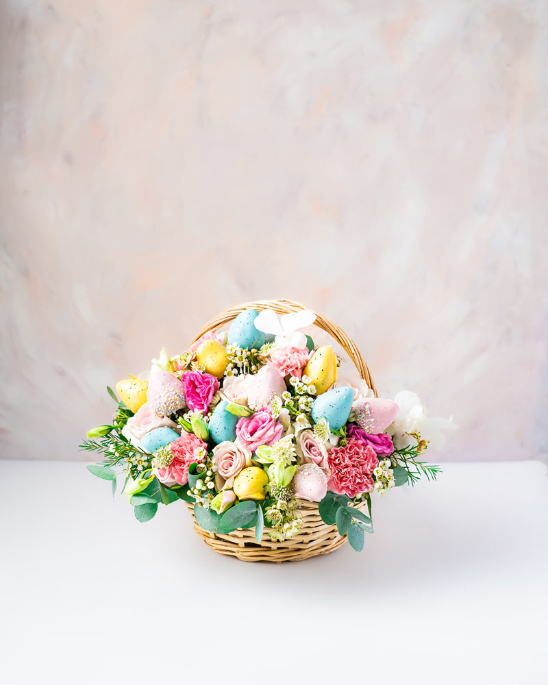 Flowers and Strawberries Basket Arrangement