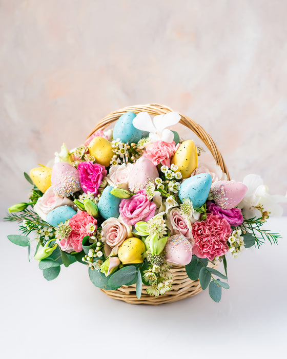 Flowers and Strawberries Basket Arrangement