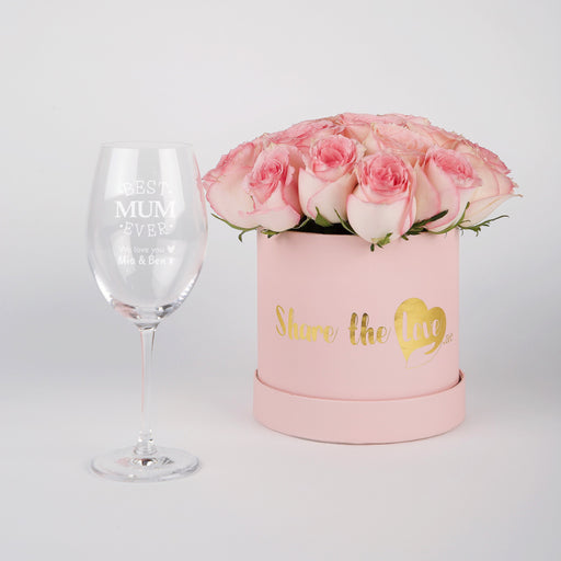 Pink Roses Box & Personalised Wine Glass Combo