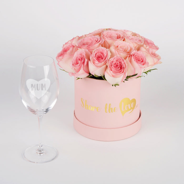 Pink Roses Box & Personalised Wine Glass Combo