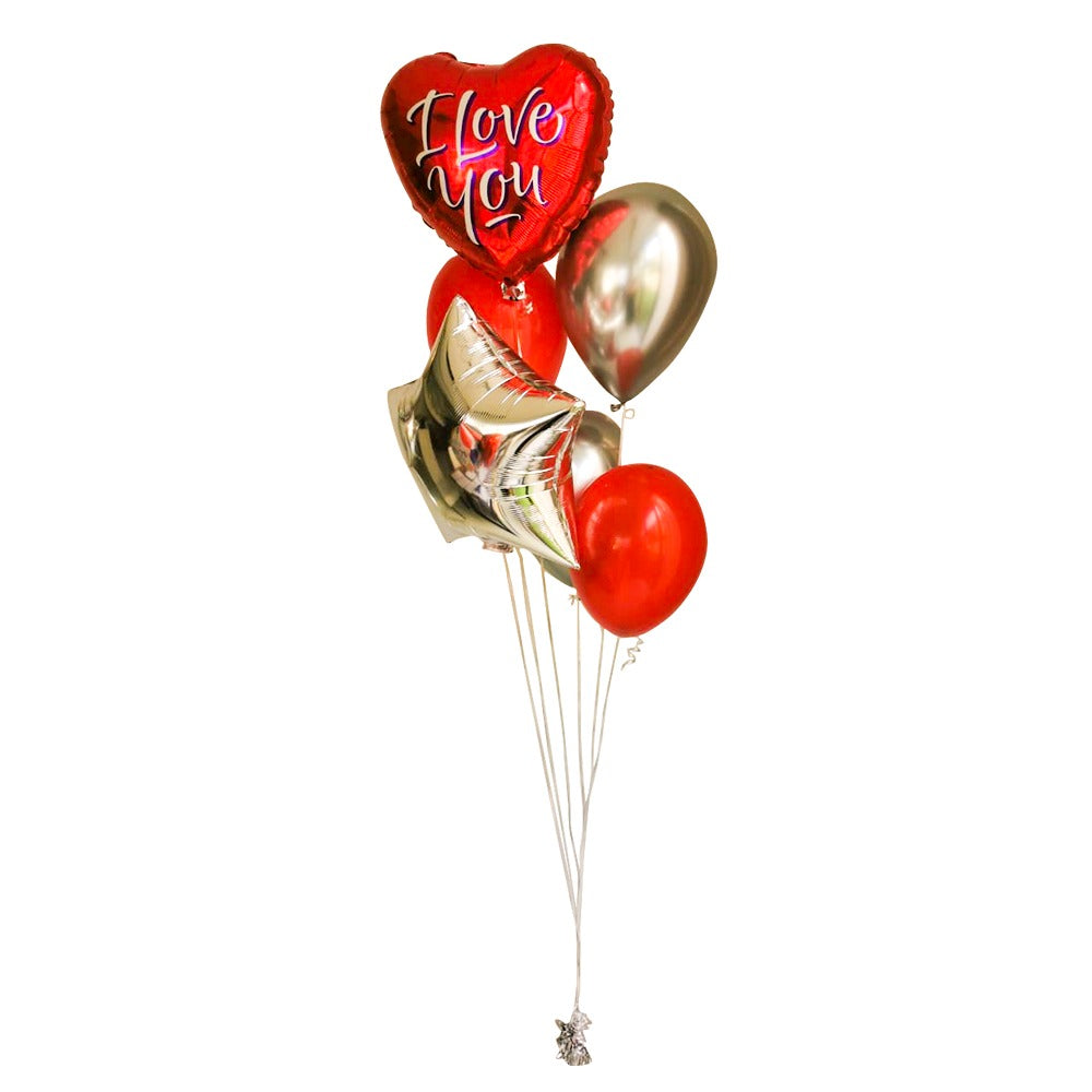 SIx Balloons Boquet - Red & Gold (Heart Shape, Star shape Balloon)